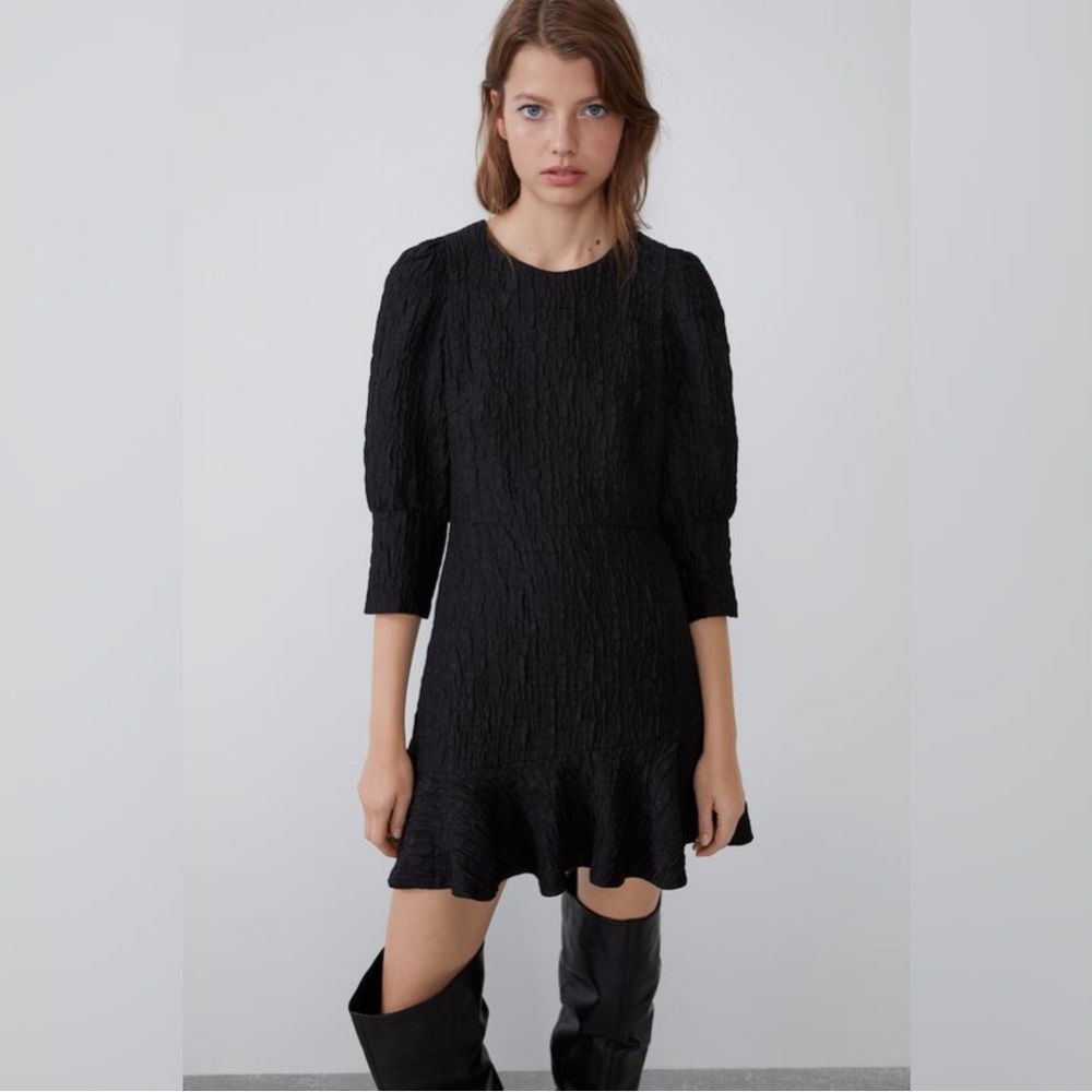 Zara Textured Dress with 3/4 Length Puff Sleeves